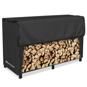 Porch Shield front view showcasing full 8ft cover protecting stacked wood