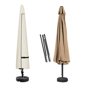 Porch Shield front view beige cover protecting umbrella, shows full fit benefit