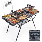 Portal folded table front view showing compact portability and easy transport benefit