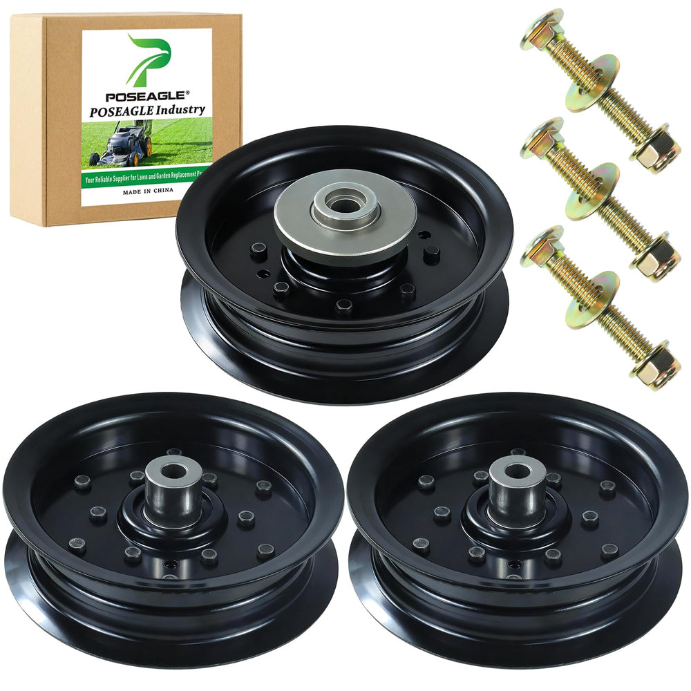 POSEAGLE front view of two replacement pulleys and hardware for quick identification