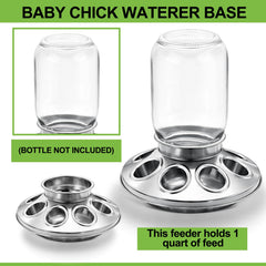 Potchen feeder base attached to Mason jar with chicks feeding, demonstrating reduced waste and easy access