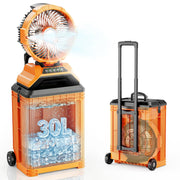 Powdeom front view bucket fan showing compact trolley design and portability