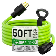 POWGRN front view of packed 50ft generator extension cord showing connectors and label for quick identification