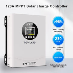 POWLAND LCD close-up displaying PV input and charging status for easy monitoring