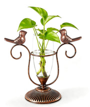 POXOHO copper bird front view showing vintage metal frame and glass tubes for elegant display