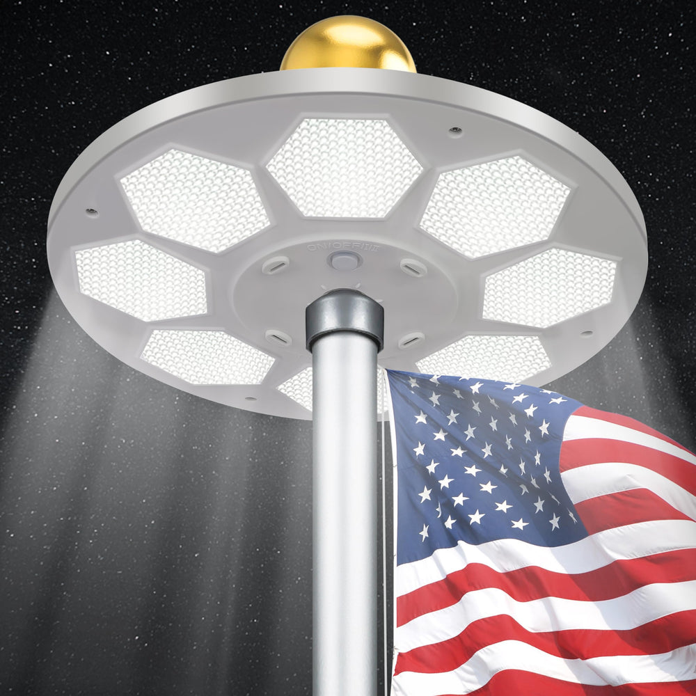 PPQ front view of flagpole light showing form and easy mount benefit