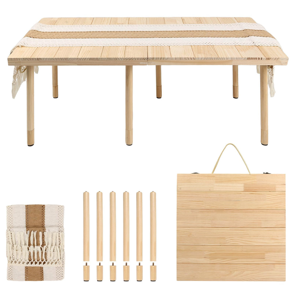 PSDRV boho low picnic table front view with warm wood grain, ideal for portable dining