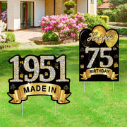 Puyruiv front view of black gold 75th yard sign showing bold numbers and festive look