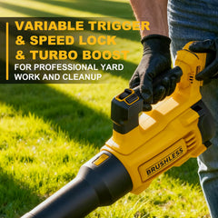 PWOKVEC blower in use clearing driveway debris for faster yard cleanup benefit