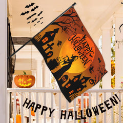 Pziauot flag displayed on a porch with pumpkins, enhances Halloween atmosphere