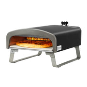 Q Pizza PS100 front assembled view showing compact outdoor oven and benefits