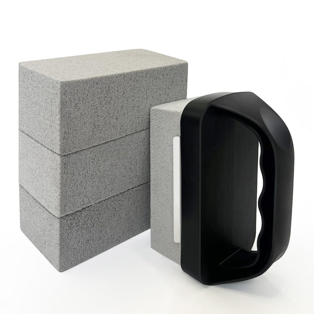 Qeykizy front packaging showing five pumice grill stones and handle benefiting easy storage