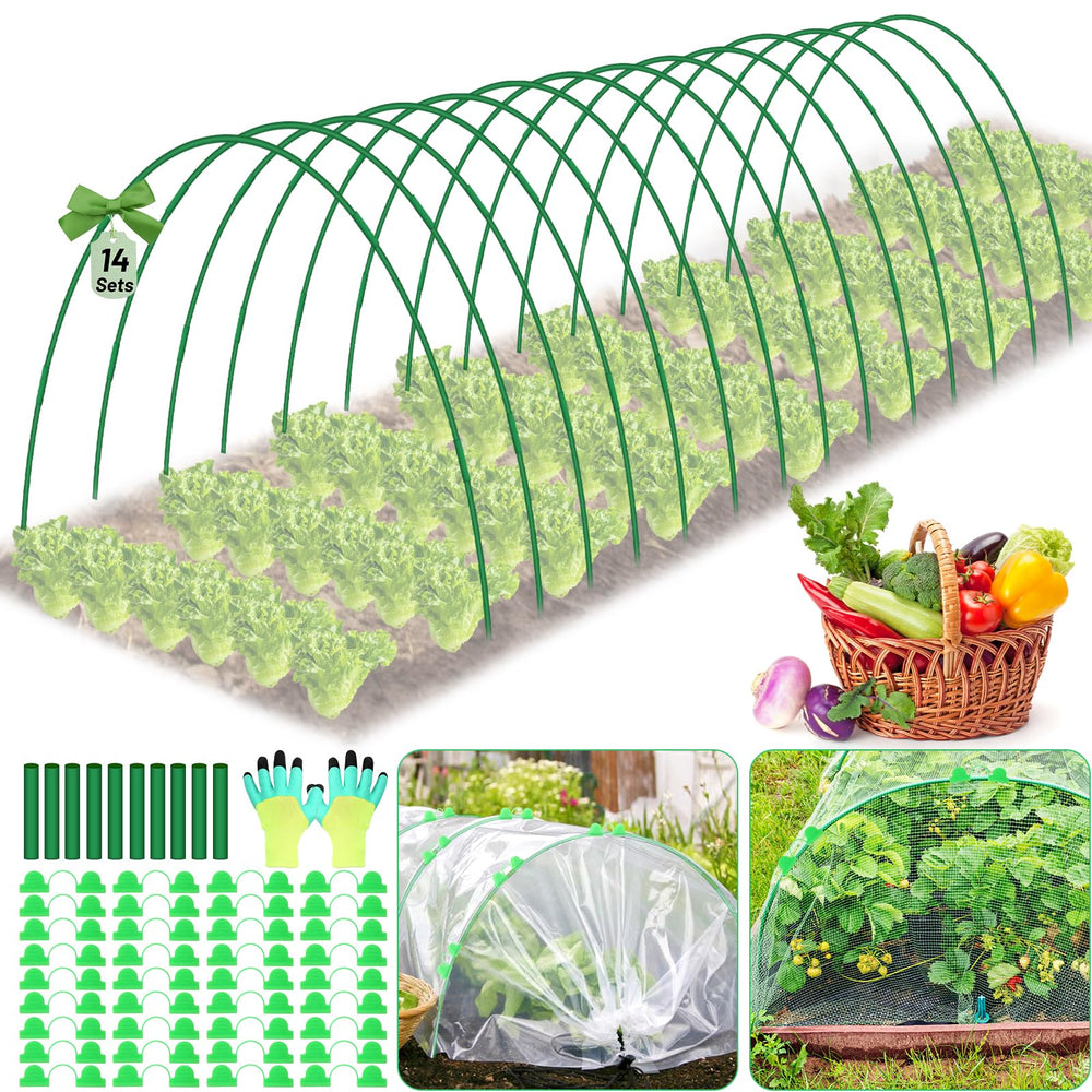 Qinzave front packaging showing 70-piece garden hoops kit and benefits