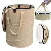 QJXX front view of full 24-gallon pop-up trash can showing stability and lid benefit