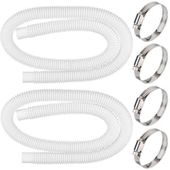 Qloby front packaging showing two white replacement pool hoses and clamps for easy replacement