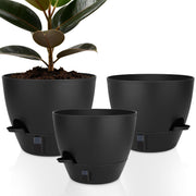 QRRICA front view of three self-watering pots showing sizes and finish, stylish decor benefit