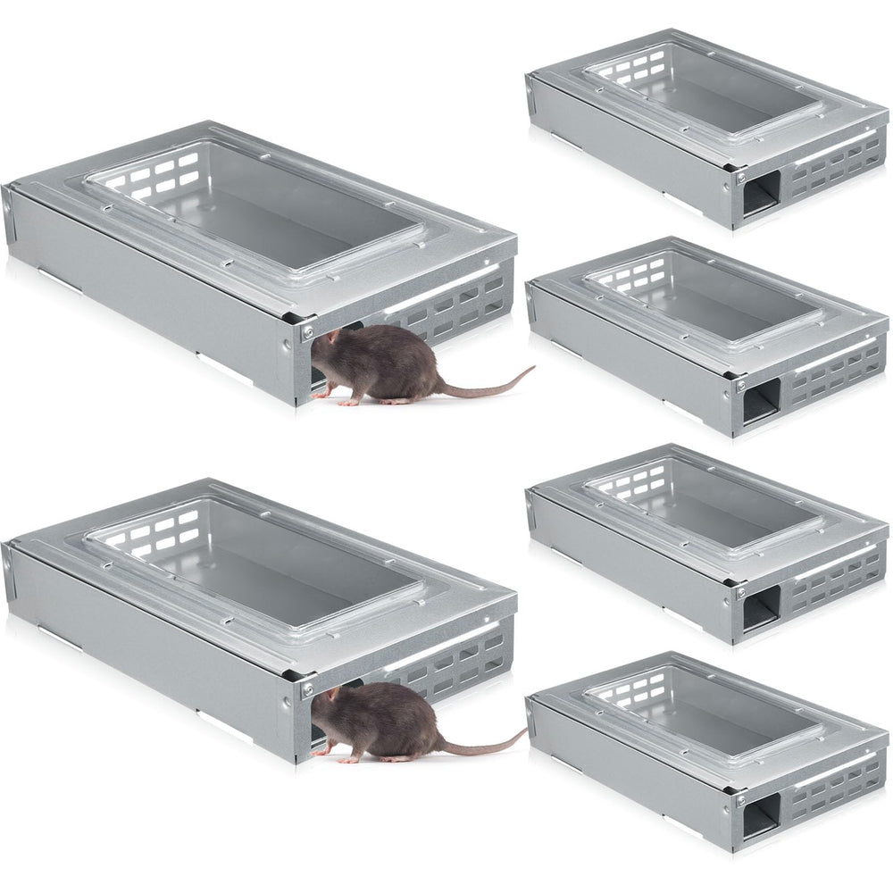 Qualirey front view of two silver humane mouse traps showing packaging and benefits