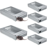 Qualirey front view of two silver humane mouse traps showing packaging and benefits
