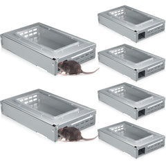 Qualirey front view of two silver humane mouse traps showing packaging and benefits