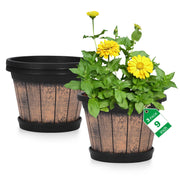 Quarut barrel planter front view showing rustic look and bright display benefit