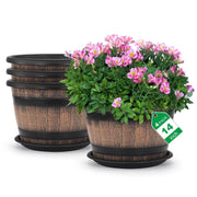 Quarut front view whiskey barrel pot showing rustic style and decor benefit
