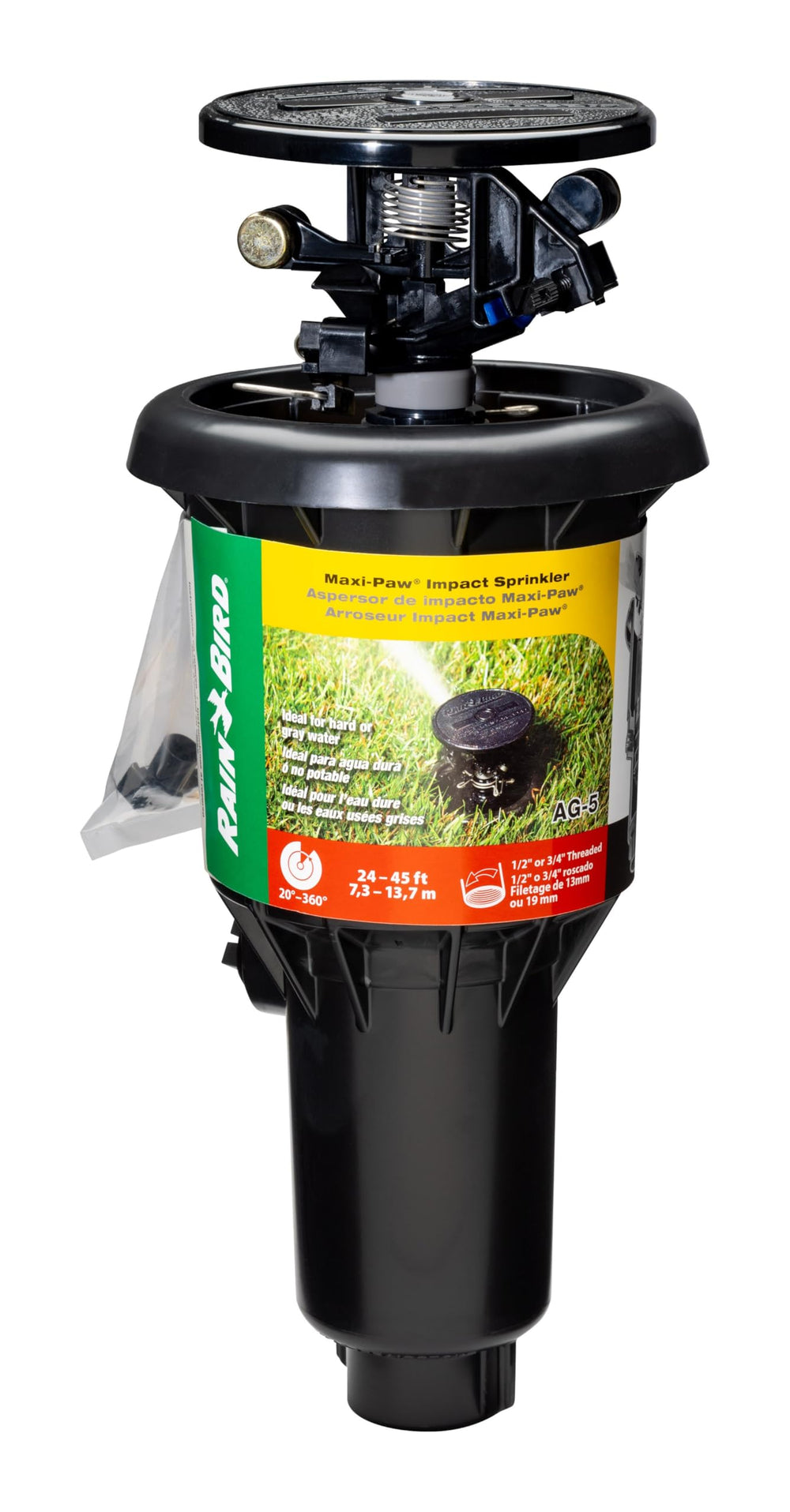 Rain Bird AG-5 front view showing pop-up head and durable body, reliable irrigation