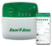 Rain Bird ARC6 front panel showing buttons and LED display for quick control