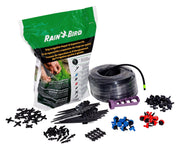 Rain Bird front packaging of drip kit showing components and benefits