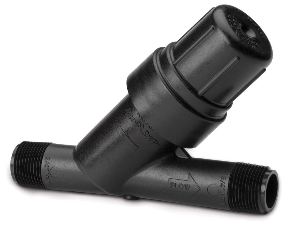 Rain Bird RBY075S front view showing threaded connections and cap, durable protection