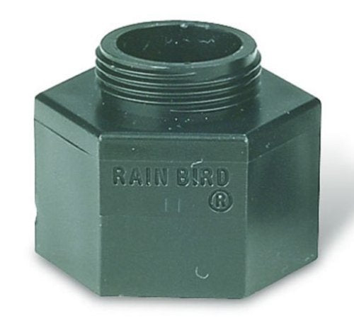 Rain Bird shrub adapter front view showing threads and secure nozzle fit benefit
