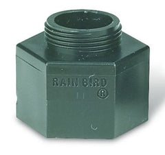 Rain Bird shrub adapter front view showing threads and secure nozzle fit benefit