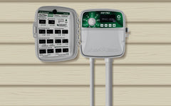 Rain Bird TM2-6 terminal block close-up displaying wiring ports and diagnostic labels