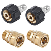 Raincovo front view of four brass adapters showing pack contents and quick setup benefit