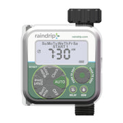 Raindrip front view showing LCD and benefits: easy scheduling