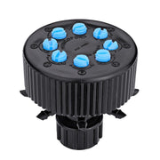 Raindrip Hydro-Port front view showing eight outlets and inlet, simplifies drip conversion