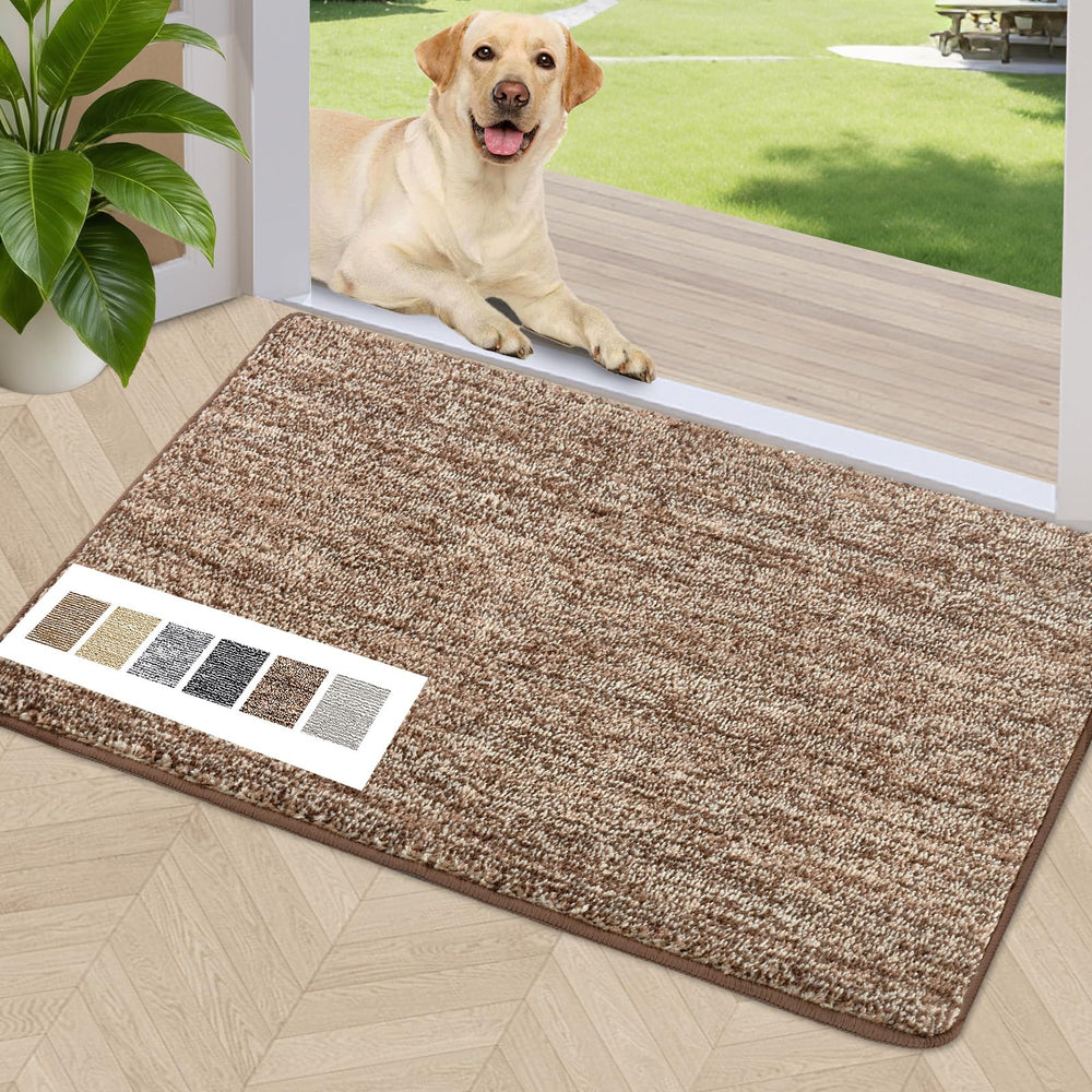 REFETONE front-facing door mat showing full coffee brown design and benefits