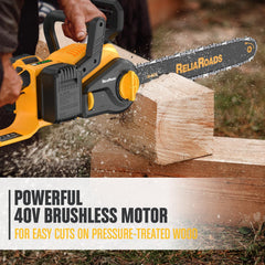 ReliaRoads cutting a thick branch demonstrating fast 54 ft/s chain speed and efficiency
