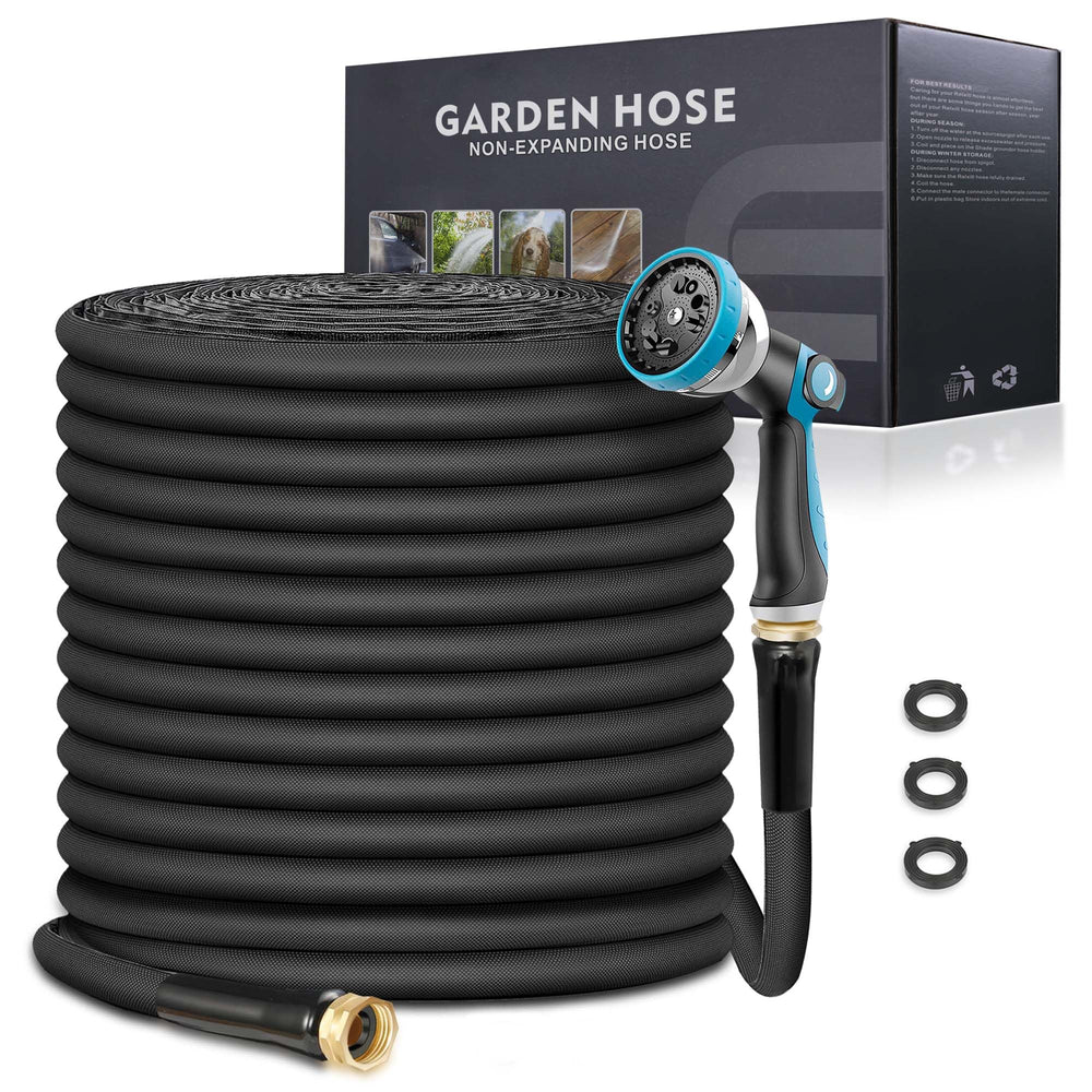 Relxitl front view of 100ft hose showing length and black finish for versatile watering