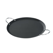 Restaurantware comal front view showing flat cooking surface and chrome handles for stable serving