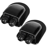 RESTMO front view of dual cable entry gland showing weatherproof cover and mounting holes for secure sealing