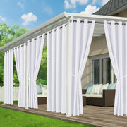 RichSets front view of six white outdoor curtain panels showing coverage and neat aesthetic