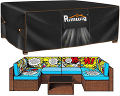 Rimwig front view of cover on rectangular dining set protects from rain