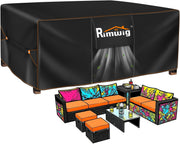 Rimwig front view of cover protecting rectangular patio set for weatherproofing