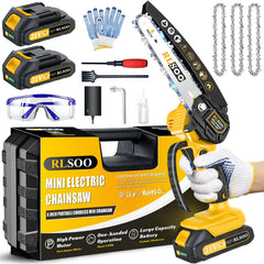 RLSOO front view of packaged mini chainsaw showing compact design and portability