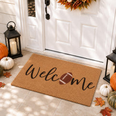 Rmeosye front view of football welcome mat showing overall design and fit