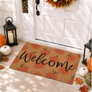 Rmeosye front view pumpkin mat showing warm fall design and welcome message for curb appeal