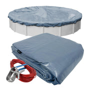 Robelle front view of 28 ft premier winter cover showing sturdy outer material and benefit of full protection