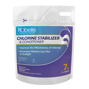 Robelle 7-pound container front label showing product name and purpose reducing chlorine loss