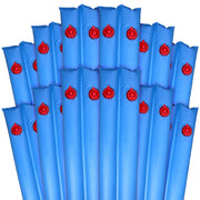 Robelle 8 ft blue water tubes laid alongside pool cover showing secure anchoring