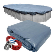 Robelle front view of oval cover showing full slate-blue top and black underside protecting pool